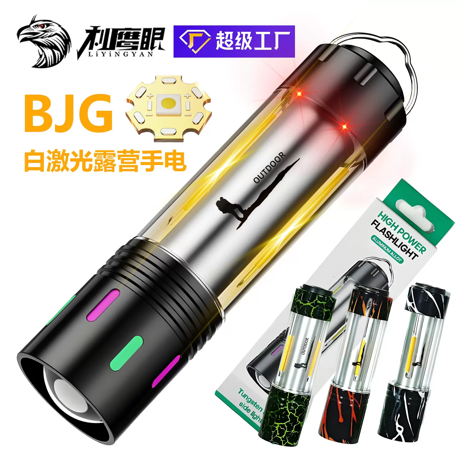 跨境户外便携式手电筒可充电强光镭射炮超长续航变焦远射露营电筒