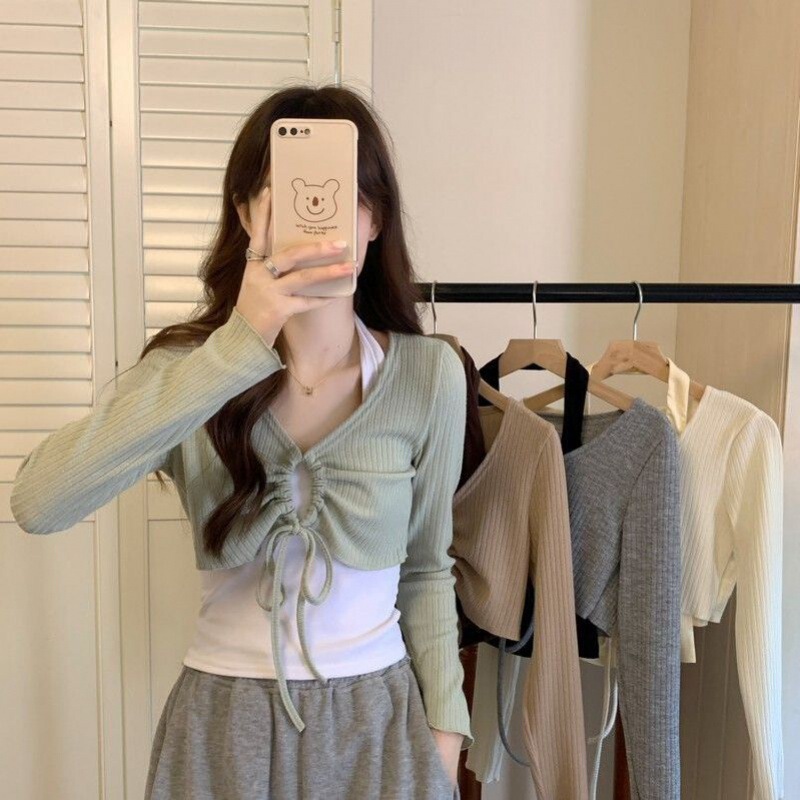 Tea Department Wear Autumn 2022 New Women's Suit Hanging Neck Vest Drawstring Short Long Sleeve Jacket Two-Piece Fashionable
