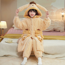 女童珊瑚绒睡袍冬季法兰绒加厚款法兰绒儿童浴袍女童冬季袍套绒款