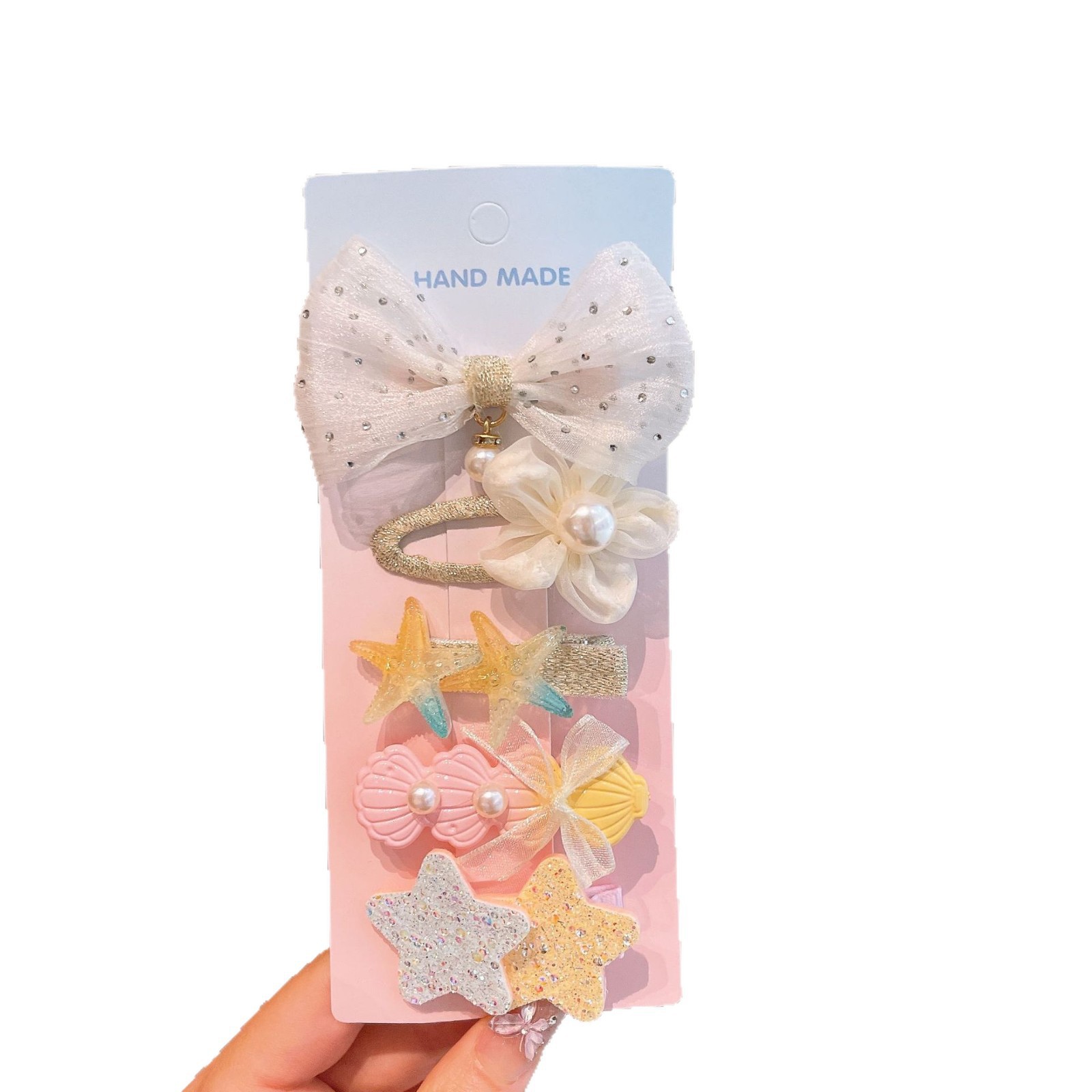 Nuevo niño concha sirena clip para el cabello niñas vacaciones tarjeta de pelo de viento niñas rotas clip para el cabello perlas transparentes