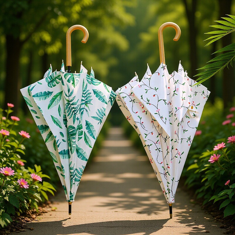 Japanese Style Fresh Leaves 8K Straight Umbrella Curved Handle Umbrella Simple Creative Wooden Handle Umbrella Vintage Umbrella for Men and Women