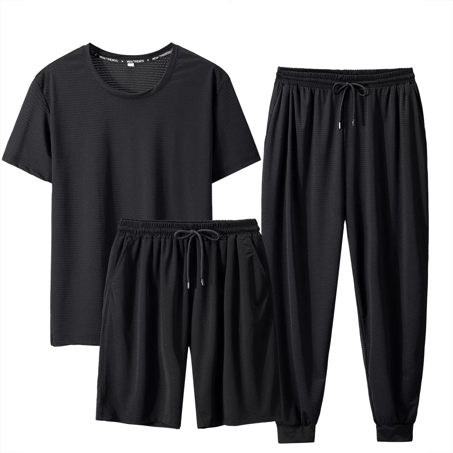 冰丝男士短袖T恤网眼镂空速干短袖夏季薄款透气凉爽上衣运动套装