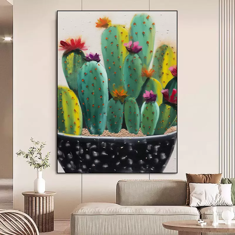 纯手绘花卉画抽象油画 奶油风仙人掌沙发背景客厅卧室画玄关壁画