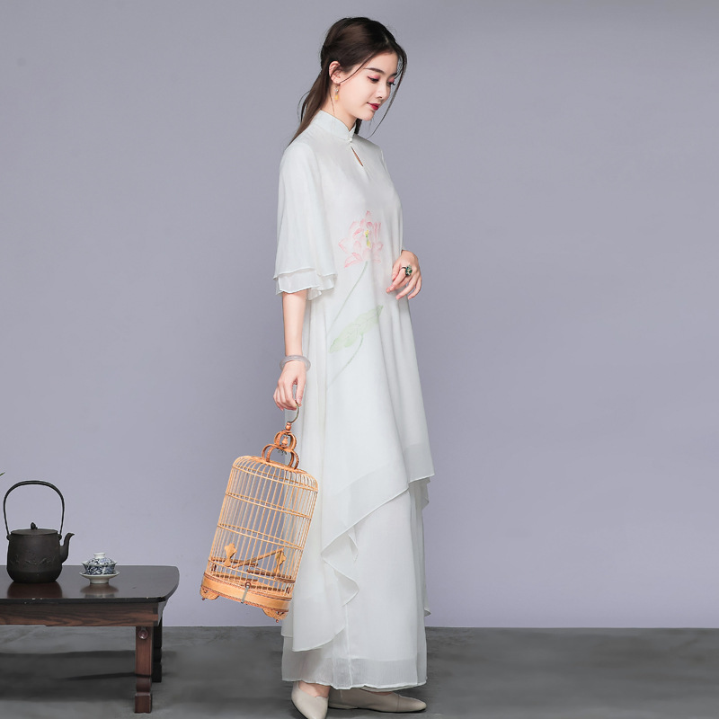 中国風唐装スーツ茶服文学レトロシフォンドレス禅服瞑想パフォーマンス服妖精の気質|undefined