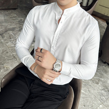 我们批发春款男士长袖立领衬衫修身免烫英伦痞帅竖条纹衬衣男轻奢