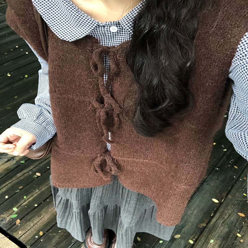 秋季清新学院风简约纯色系带针织开衫无袖坎肩马甲毛衣女百搭上衣|undefined