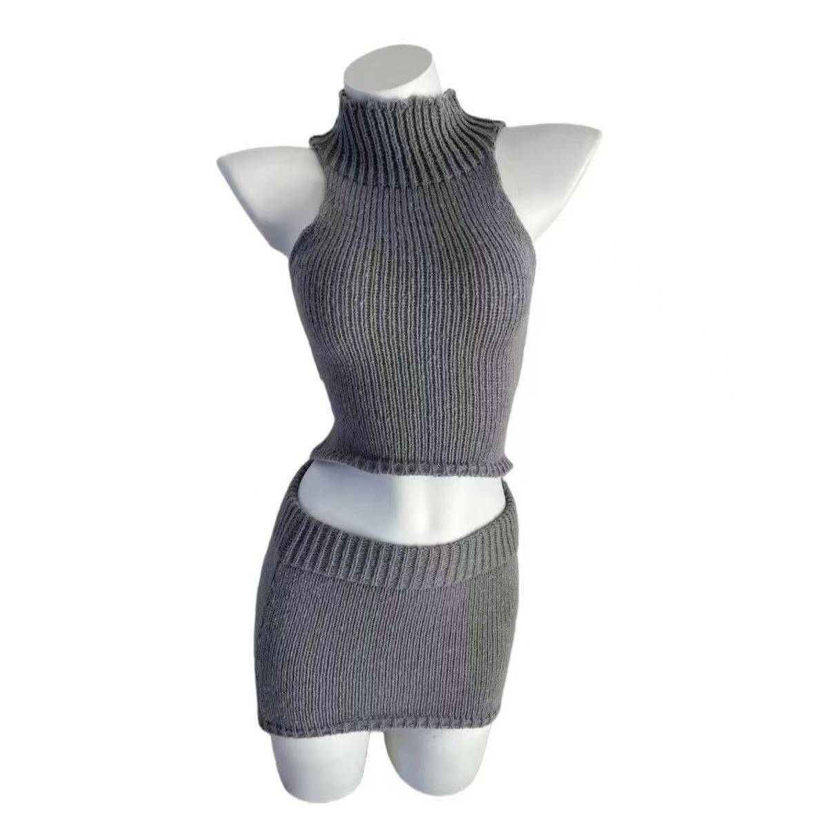 Purple High-Neck Knitted Vest and Bodycon Skirt Set, Slim-Fit Two-Piece Women’s Uniform-Style Costume — detail image 8
