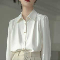 2025春秋正肩白衬衫女韩版通勤翻领长袖衬衣宽松显瘦内搭上衣女
