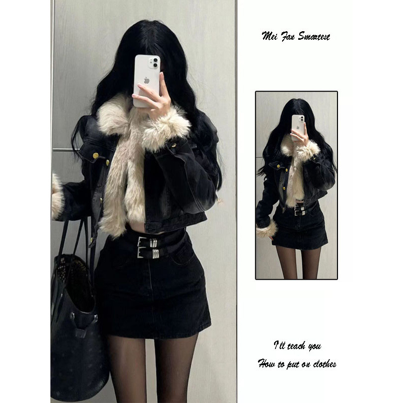 高级毛毛外套感棉袄短款牛仔夹克高腰女冬季加厚复古棉衣辣妹新款