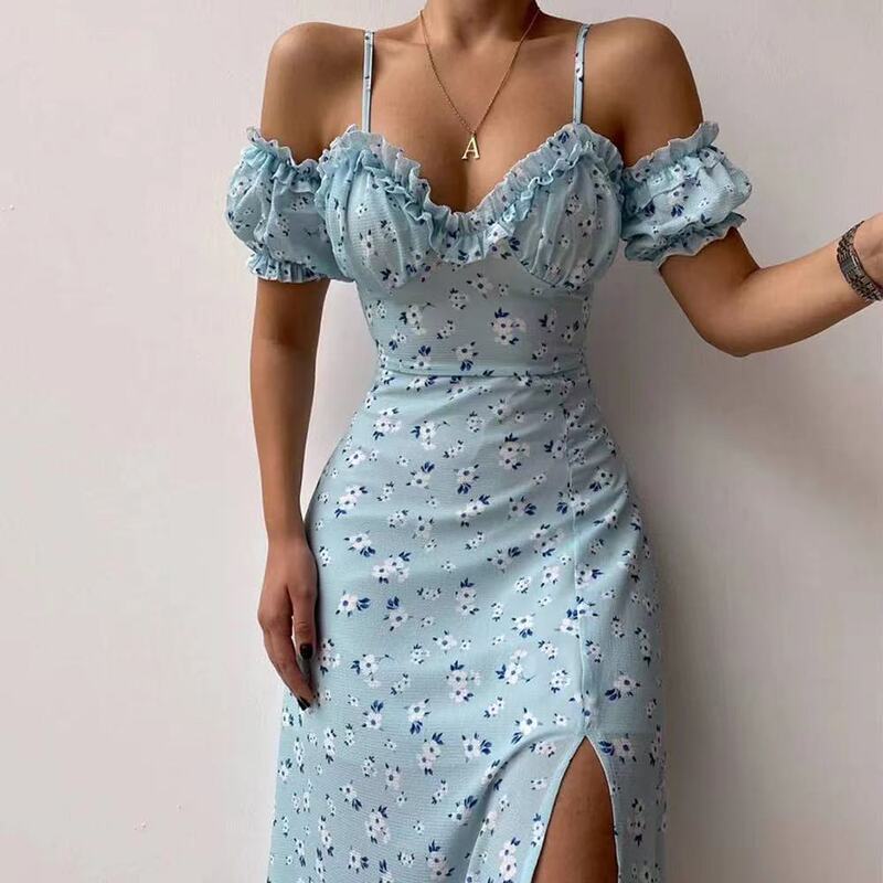 5 Color 5 Size Spot Amazon Foreign Trade Women's New Sexy Slim-Fit Mid-Length Dress Floral French Sling Dress