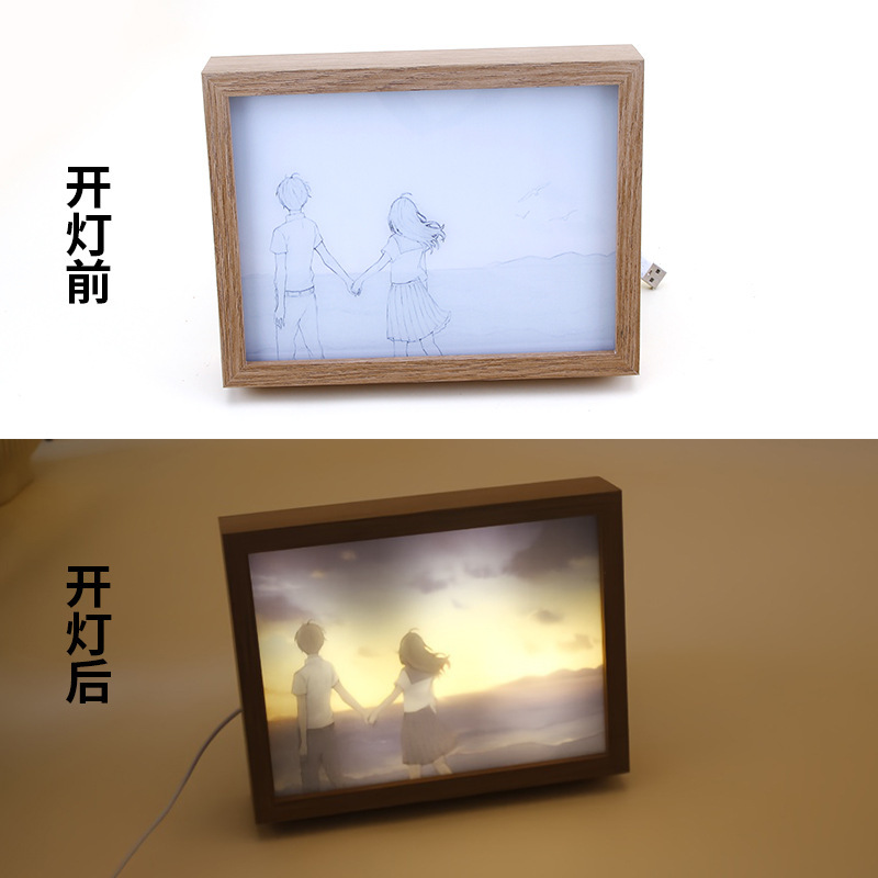 卧室床头灯光画夜灯摆件USB接口创意桌面摆台 LED发光相框素描画|undefined
