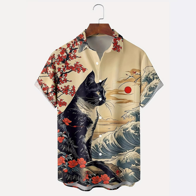 Ukiyo-E Black Cat and Plum Blossom Print Short-Sleeved Shirt, Japanese Retro Lapel Shirt, Loose Casual Men's Top Ukiyo-E Black Cat and Plum Blossom Print Short-Sleeved Shirt, Japanese Retro Lapel Shirt, Loose Casual Men's Top