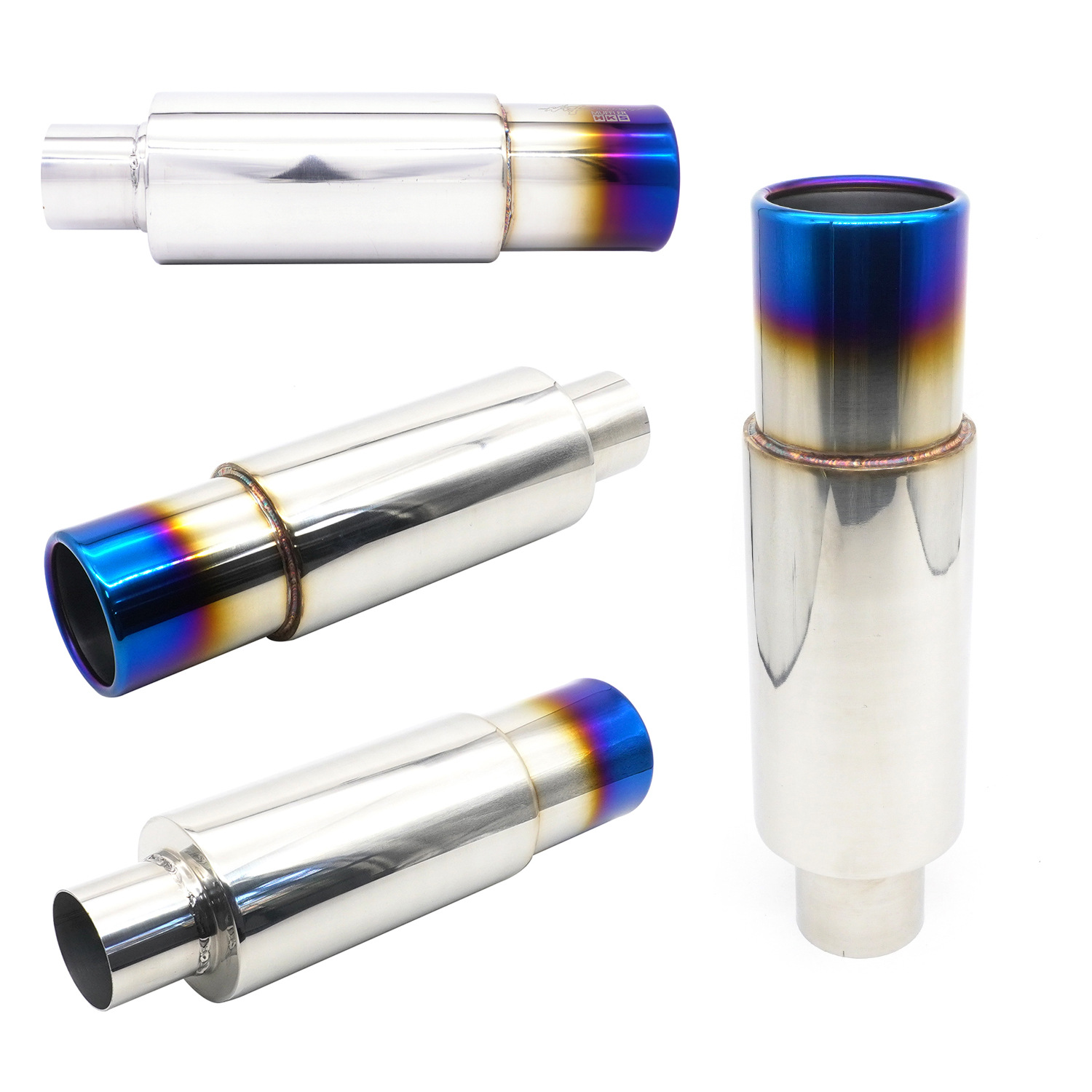 Modificación del coche tubo de escape tambor de cola de acero inoxidable tambor redondo tambor de sonido fila recta Universal con Garganta de cola chapado azul para hornear Azul Plata