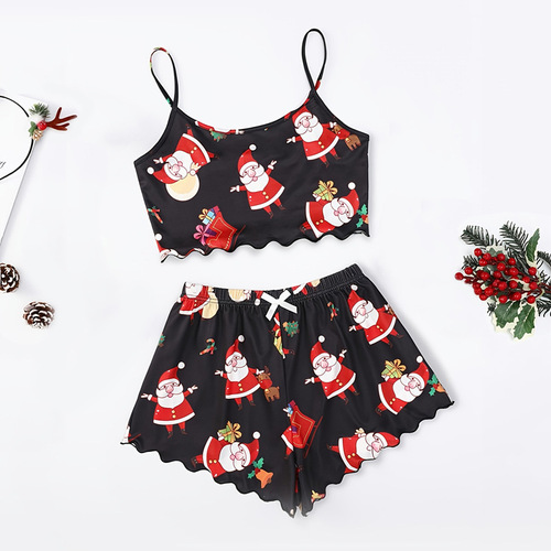 Women's Summer Christmas Pajamas: Strappy Vest and Shorts Set with Snowflakes and Little Deer—Two-Piece Home Wear in European and American Style