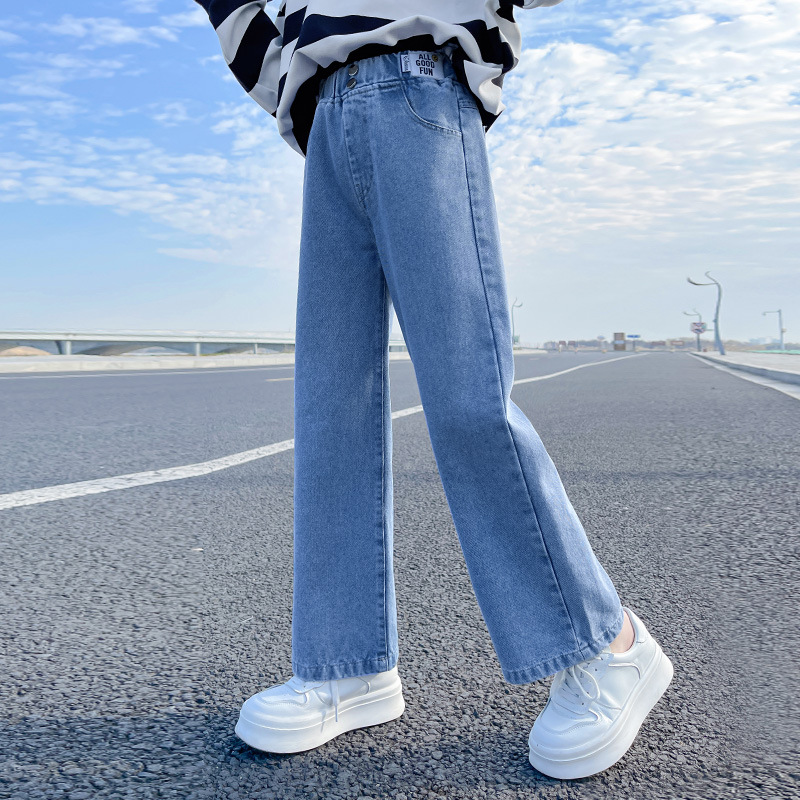 Girls' autumn denim pants, spring children's wide leg pants, autumn middle-aged and young girls' denim pants