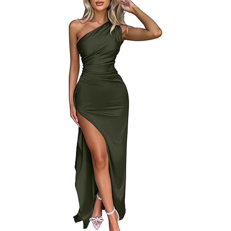 Amazon Foreign Trade Women's Sexy One-Shoulder Satin High-Slit Cocktail Evening Dress Wedding Party Ball Gown Amazon Foreign Trade Women's Sexy One-Shoulder Satin High-Slit Cocktail Evening Dress Wedding Party Ball Gown