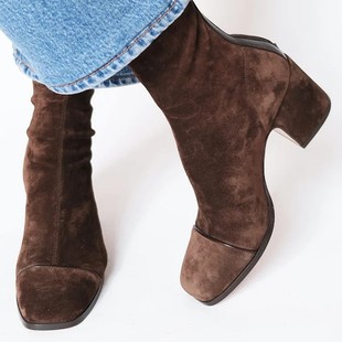 Amazon Foreign Trade 2024 New Winter Fashion High Heel Suede 40-43 Low-Top British Style Square Toe Women's Boots