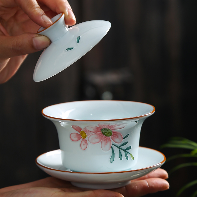 Cubierta pintada a mano Tazón sancai Jing taza de té solo juego de té de Kung Fu de cerámica tazón de té de mano en relieve porcelana blanca creativa