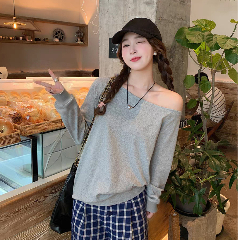 Hot Girl Style Long-Sleeve T-Shirt Custom Wholesale 220g 40S 1*1 Ribbed Diagonal Shoulder Neckline Slim Fit Cuffed Sleeves Long Sleeves Hot Girl Style Long-Sleeve T-Shirt Custom Wholesale 220g 40S 1*1 Ribbed Diagonal Shoulder Neckline Slim Fit Cuffed Sleeves Long Sleeves