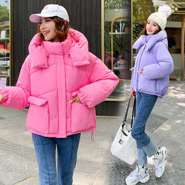 外单新款糖果色棉服女韩版宽松蓬蓬面包服短款连帽加厚冬季外套