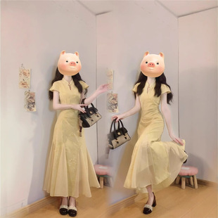 Plus Size Women's Clothing for Fat mm New Chinoiserie Yellow Insert-Style Fishtail Improved Cheongsam Gentle Elegant Dress