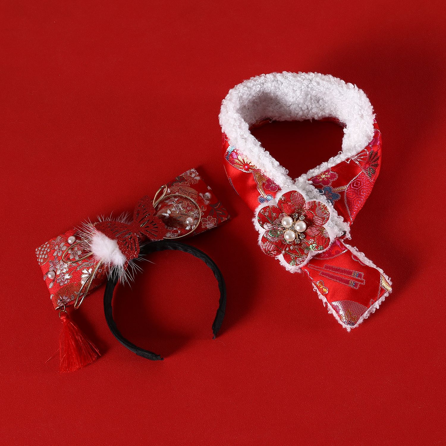 Mascotas bordadas de estilo chino peluche collar gatos cachorros flores de perlas para celebrar Año Nuevo bufandas cálidas toques image 3
