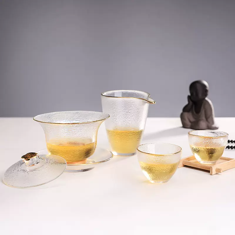 透明玻璃麻面梅花三才盖碗金边套装锤纹功夫茶具公道杯小茶杯批发