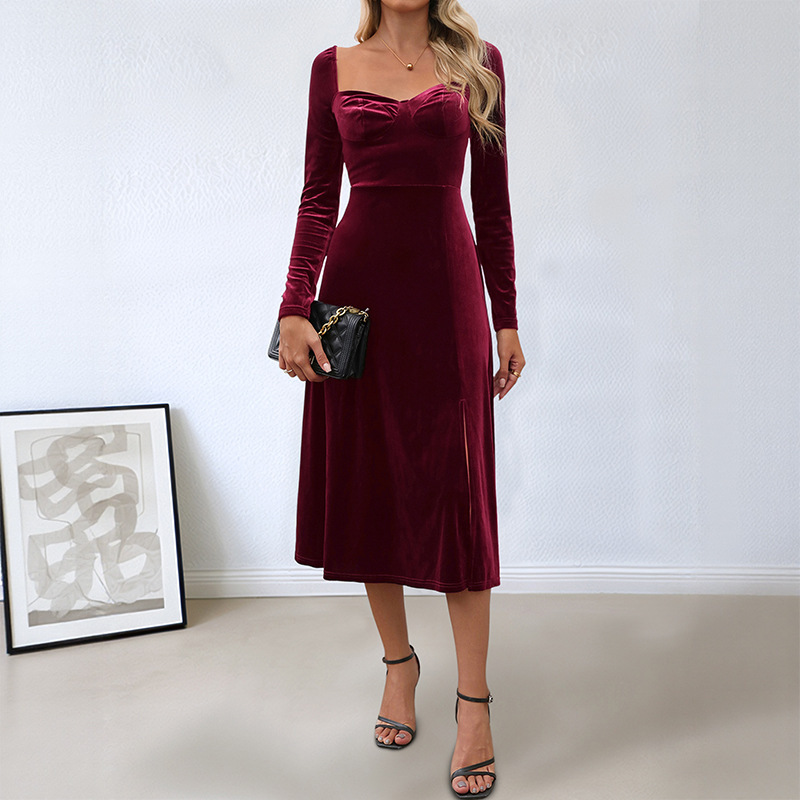 Amazon European and American Women's Clothing 2026 Autumn and Winter Party Velvet Long Dress Foreign Trade Autumn and Winter Formal Dress Slit Dress Women's Clothing