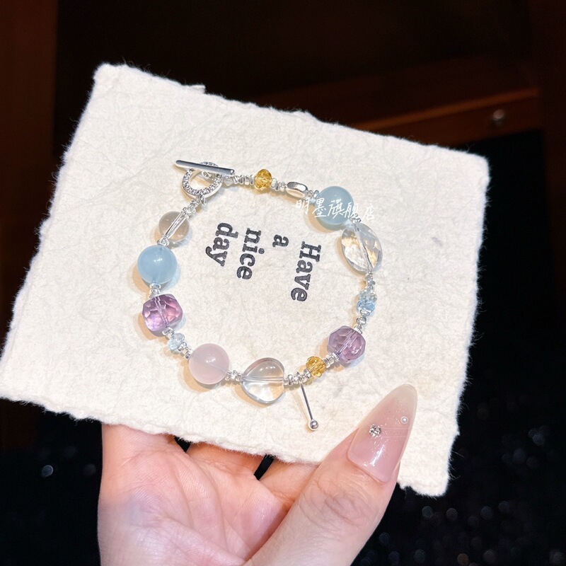 Special-Shaped Multi-Gemstone Bracelet with Amethyst, Topaz, Aquamarine, and White Crystal, Natural Gift Item