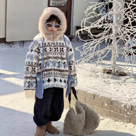 蓝钰25秋冬新品韩国童装中小童男童大毛领费尔岛加绒毛毛衣外套