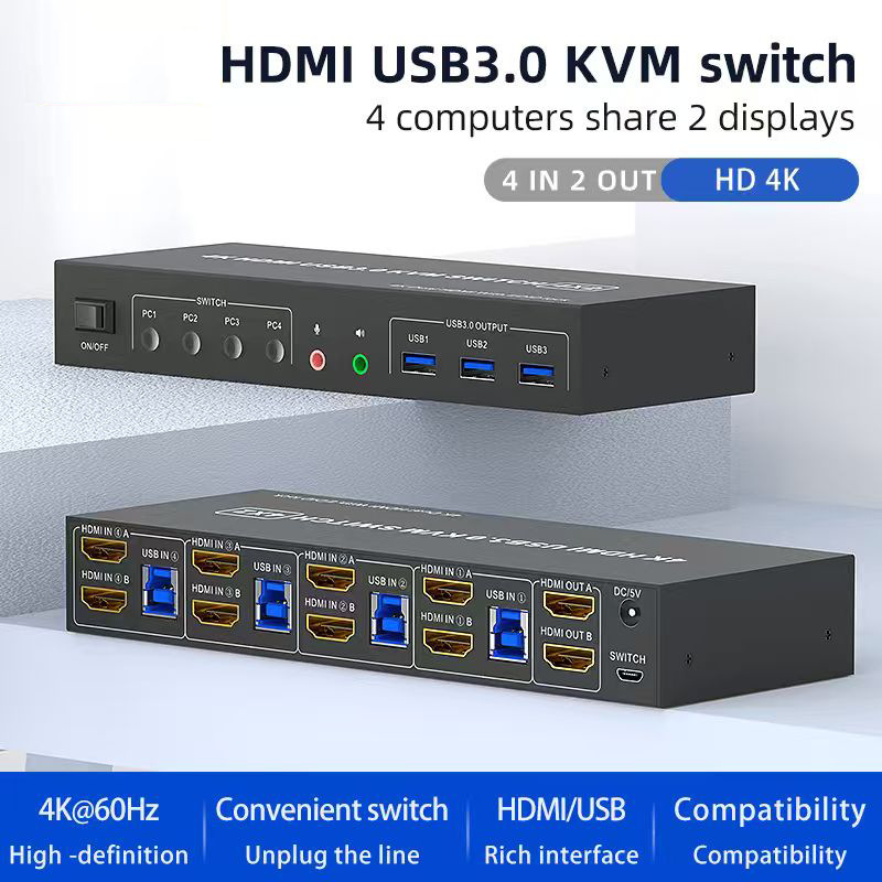 Hdmikvm Switcher HDMI Four-In Two-Out Kvm Hybrid Switcher Shared Keyboard and Mouse for 2 Monitors and 4 Computers Hdmikvm Switcher HDMI Four-In Two-Out Kvm Hybrid Switcher Shared Keyboard and Mouse for 2 Monitors and 4 Computers