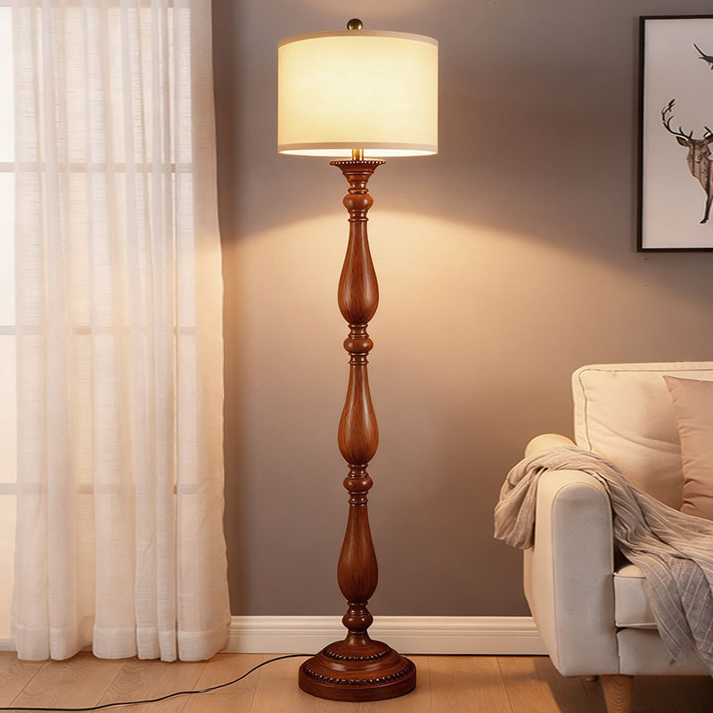 Vintage Resin Carved Floor Lamp with Linen Fabric Lampshade, Country-Style Lampshade for Living Room and Bedroom, Retro Floor-Standing Lamp Vintage Resin Carved Floor Lamp with Linen Fabric Lampshade, Country-Style Lampshade for Living Room and Bedroom, Retro Floor-Standing Lamp