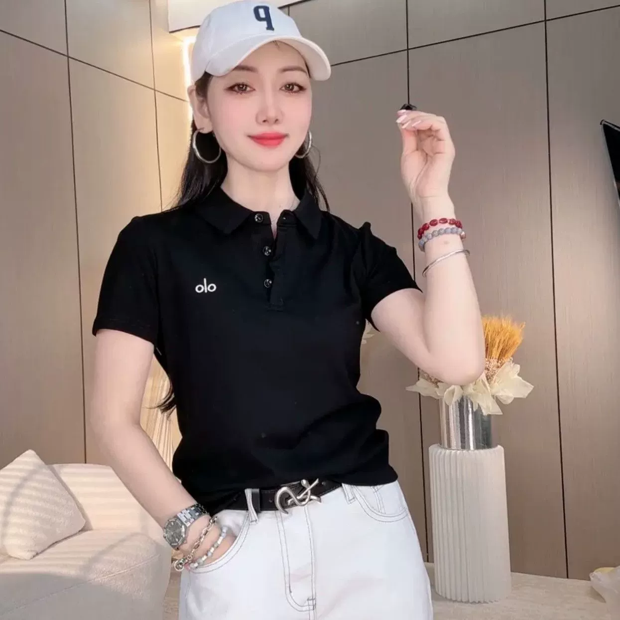 2025 новая летняя женская повседневная футболка с воротником-поло, модная, закрывающая тело, с короткими рукавами, простая универсальная классическая футболка в иностранном стиле для женщин