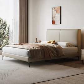 意式极简真皮床双人床现代简约1.8米轻奢北欧软包床主卧室奶油风