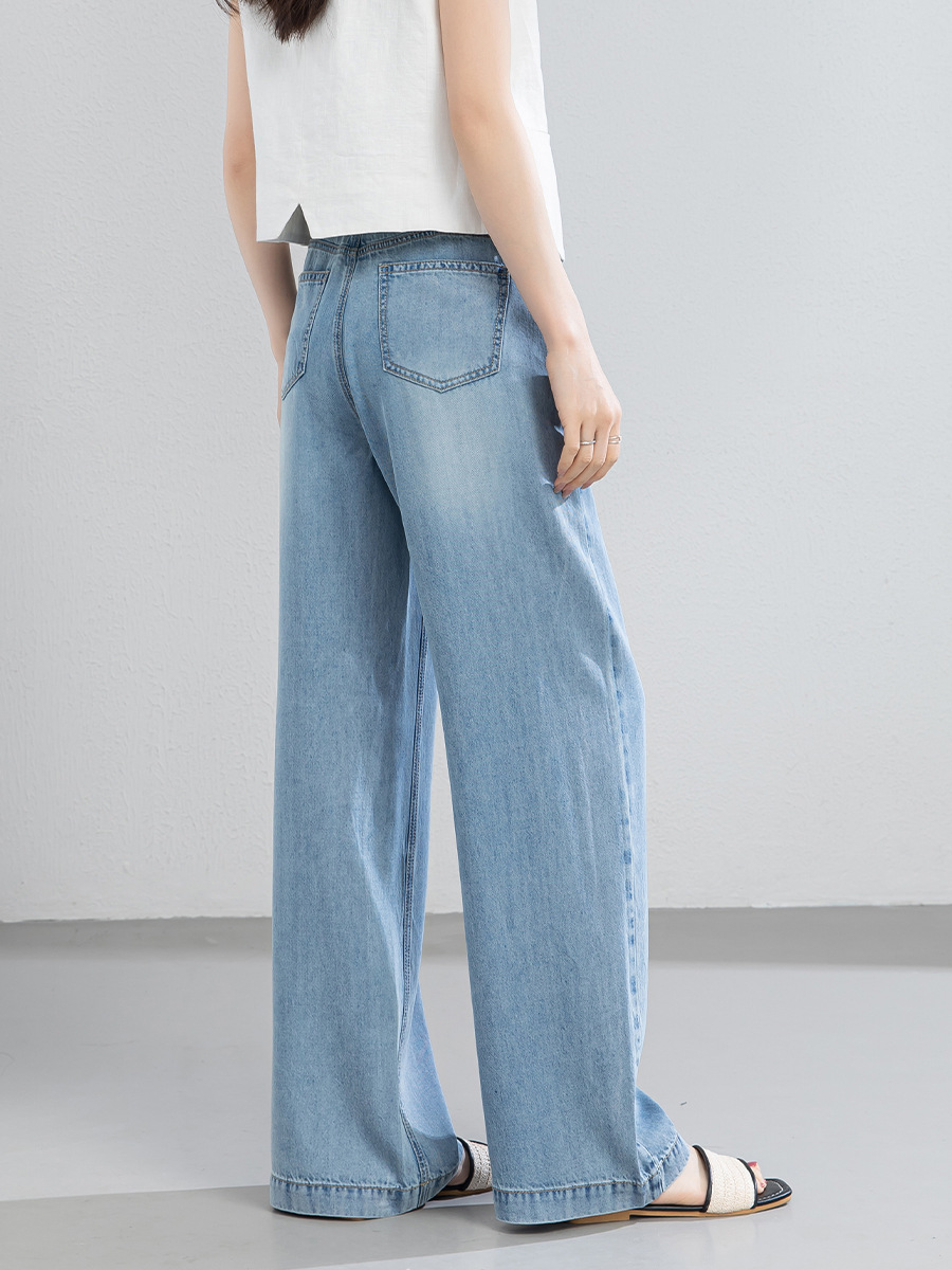 Quần jean nữ ống rộng cạp cao dáng suông vải Tencel mềm mại dài 103 cm — Màu xanh - Chiều dài quần thông thường khoảng 103cm
