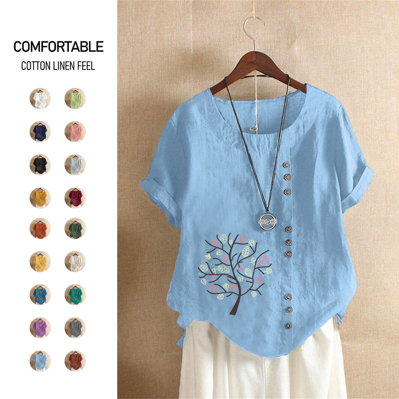 26 European Size Cross-Border Summer Retro Plus-Size Casual Loose Cotton-Linen Short-Sleeve Pullover T-Shirt Plus-Size Women's Clothing Happiness Tree 3