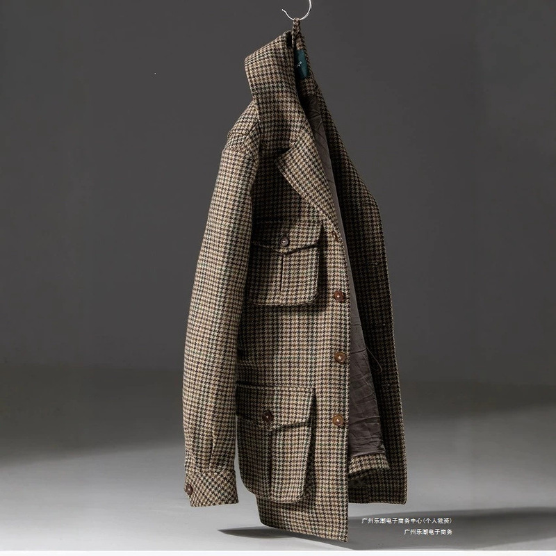 Autumn and Winter Houndstooth Hunting-Style Trench Coat, Vintage British Tweed Wool Slim-Fit Trendy Men's Jacket
