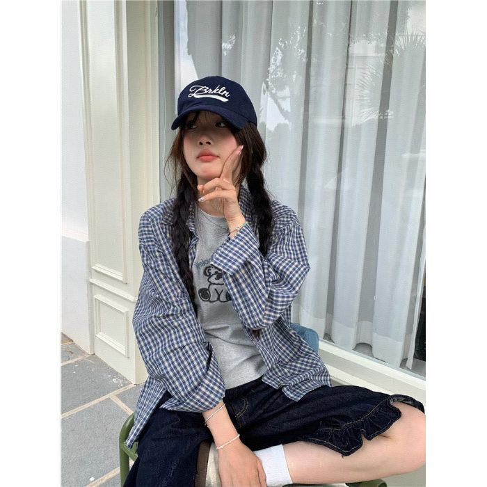2025新款法式蓝色格子长袖衬衫外套女装宽松秋季薄款防晒衬衣上衣|undefined