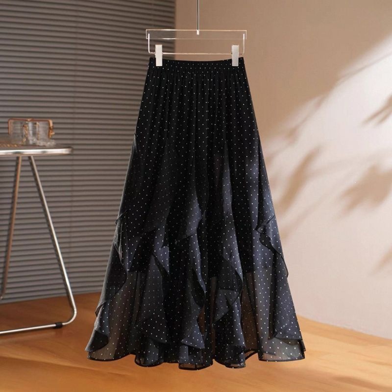 2026 New Style Irregular Midi Skirt for Women, Spring and Autumn, Popular Style for Plus Sizes, Slimming Solid Color Polka Dot Midi Skirt