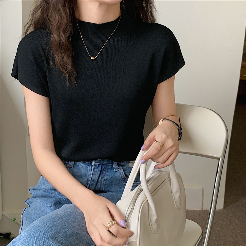 Knitwear Women's Ice Silk Short-sleeved Top Women's Half-high Collar Slimming Women's T-shirt Base Outer Wear Short Solid Color Pullover