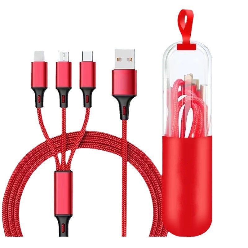 一拖三2A数据线适用苹果安卓typec三合一快充1.2米尼龙编织五色线