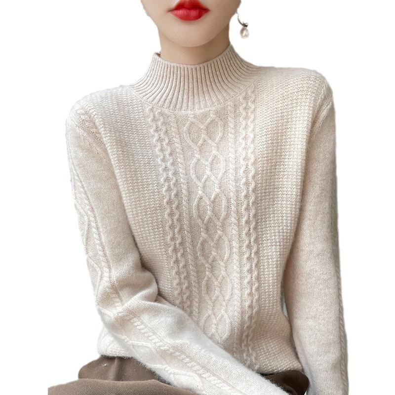 【 Cashmere Family 】 Half high neck short style diamond grid loose wool base women's thick knit sweater inner layer_voghion.com