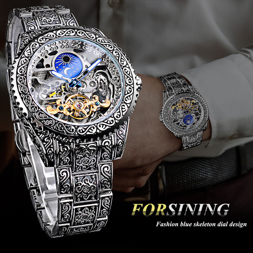 New forsining European and American style men's fashion hollow retro carved automatic mechanical watch