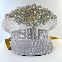 跨境欧美白色亮片珍珠镶钻海军帽秋冬帽子女款高级感鸭舌帽大帽檐