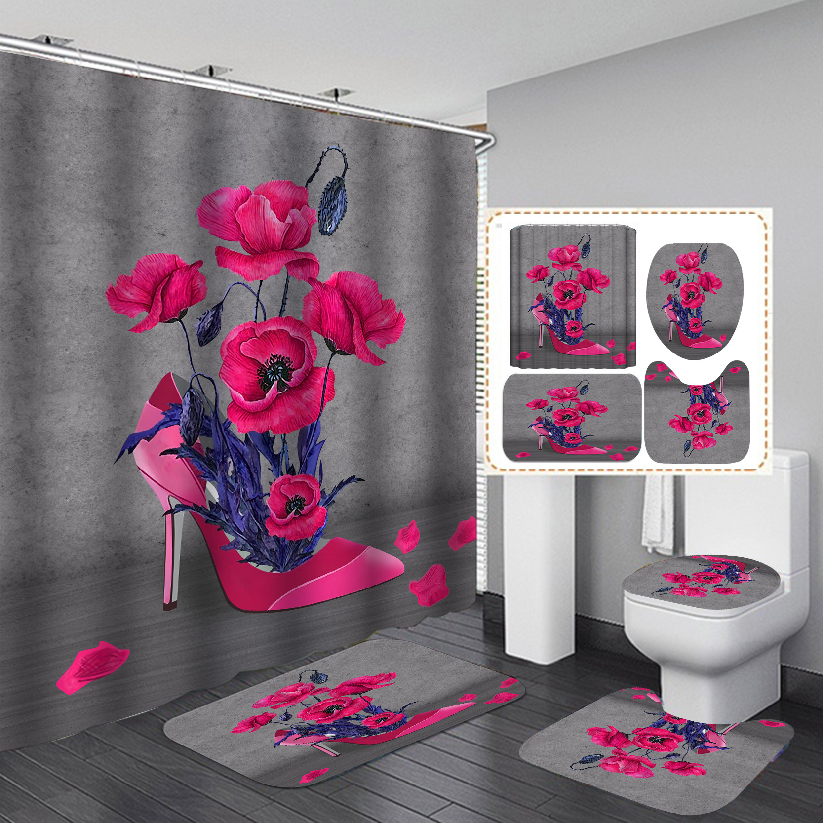 E-commerce transfronterizo HD digital poliéster impresión ducha cortina baño ducha cortina libre C-tipo de plástico colgante anillo 12