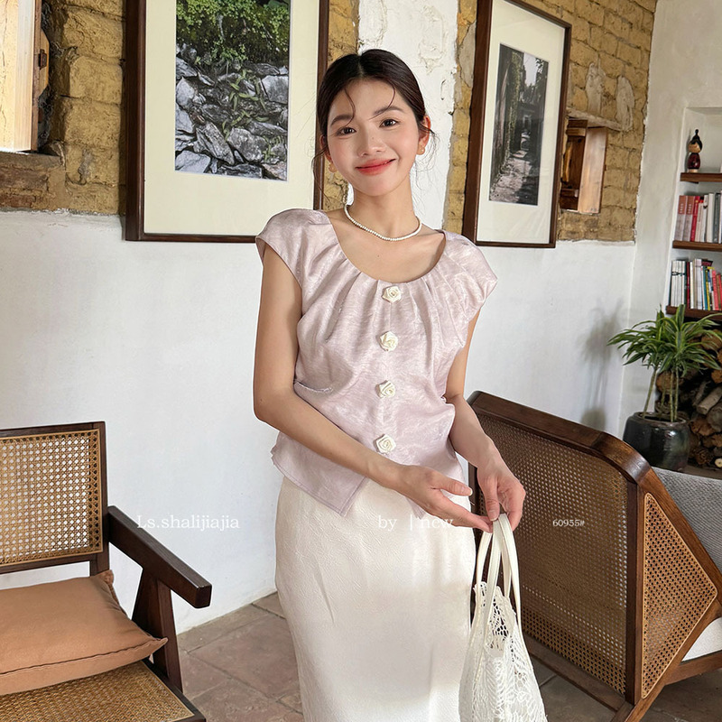 Ls French-Style Stunning Slimming Shirt for Women 2026 Summer New Three-Dimensional Floral Short-Sleeve Shirt Women's Top 60955 Ls French-Style Stunning Slimming Shirt for Women 2026 Summer New Three-Dimensional Floral Short-Sleeve Shirt Women's Top 60955