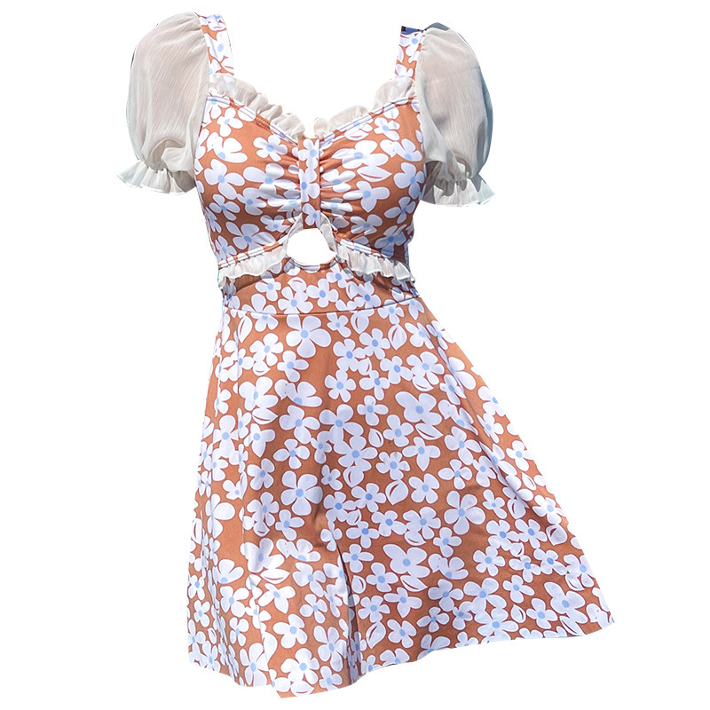 Traje de baño que cubre el vientre de las mujeres que adelgaza nuevo pequeño pecho push-up vestido de una pieza traje de baño de cintura alta de niña traje de baño de moda floral