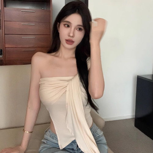 Ins Pure Desire Sexy Off-the-Shoulder Asymmetrical Pleated Bodycon Sleeveless Top for Women Trendy