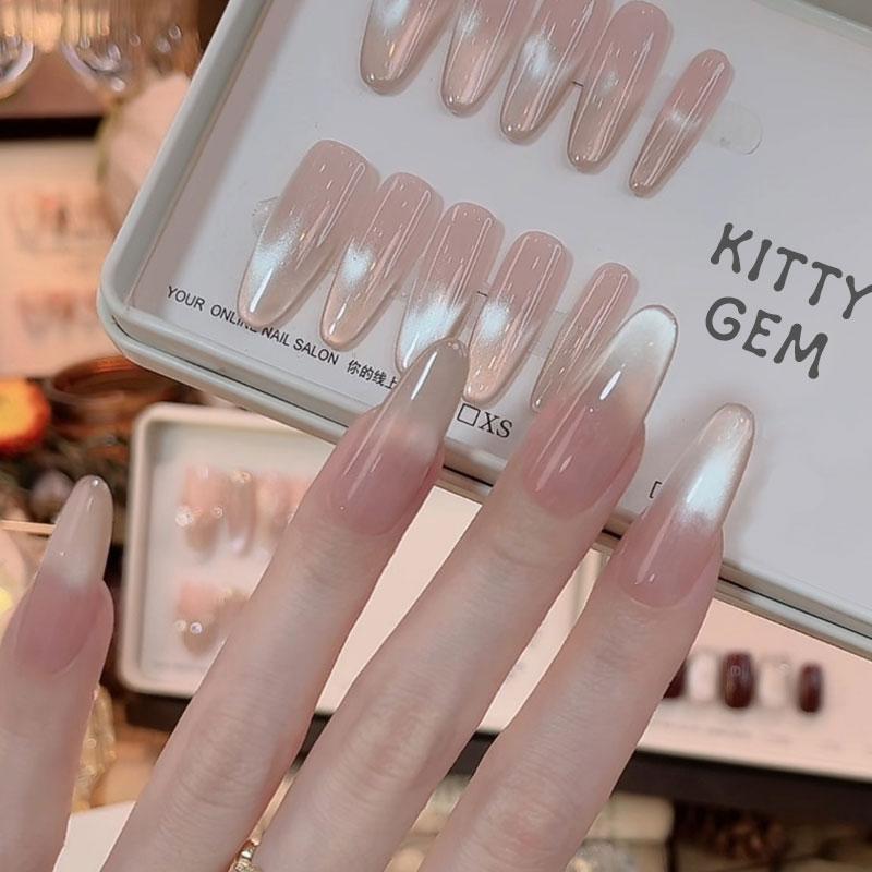 Pure hand-worn armor nude color white porcelain white glass beads fingertips cat's eye nail art 2025 new high-end sense patch Pure hand-worn armor nude color white porcelain white glass beads fingertips cat's eye nail art 2025 new high-end sense patch