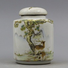 晚清玩玉款双鹿图案小茶叶罐古玩瓷器古董摆件仿古做旧民俗收藏品